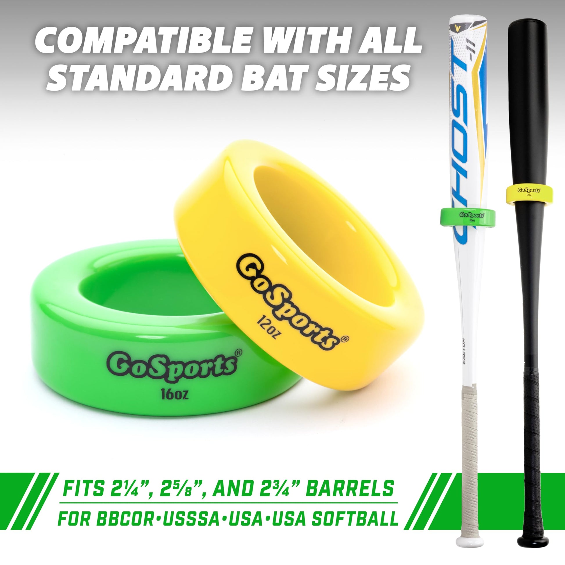 GoSports Baseball and Softball Bat Weights - 2 Pack Baseball Donuts - 16 oz & 12 oz GoSports