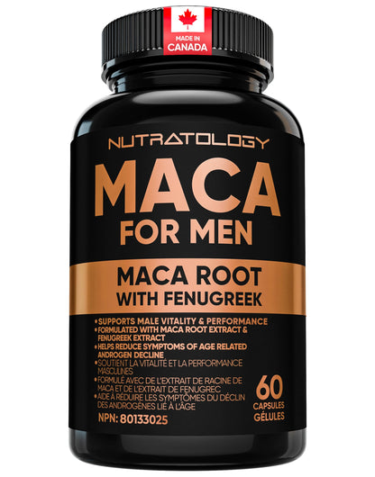 Nutratology® Maca for Men | Canadian Made | Helps Increase Stamina & Energy | Formulated with a 6:1 Extract & 33:1 Fenugreek Extract | Maca Root With Fenugreek Supplement for Men | 60 Capsules - Available at All In One Marketplace Canada