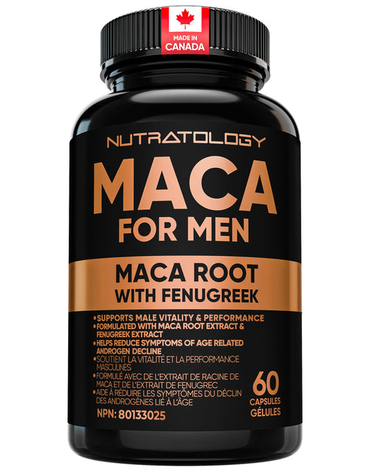 Nutratology® Maca for Men | Canadian Made | Helps Increase Stamina & Energy | Formulated with a 6:1 Extract & 33:1 Fenugreek Extract | Maca Root With Fenugreek Supplement for Men | 60 Capsules - Available at All In One Marketplace Canada