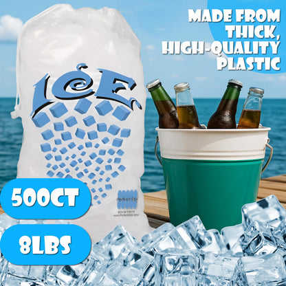 Concession Essentials 8 lb Drawstring Ice Bags – Pack of 100 | Durable Heavy-Duty Plastic Ice Storage Bags with Secure Drawstring Closure | Perfect for Ice Packaging, Parties, Camping, and Commercial Concession Essentials