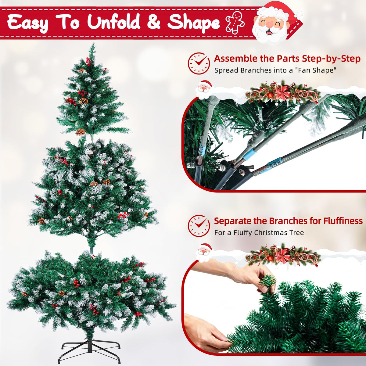 Artificial Christmas Tree, 6FT Holiday Xmas Tree 1400 Branch Tips, Upgraded Metal Base, Includes 6 Different Decorations 🍁 All In One Marketplace Canada
