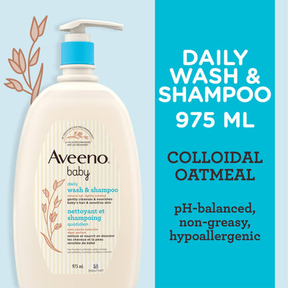 Aveeno Baby Wash and Shampoo - Gentle 2-in-1 Body Wash with Natural Oat Extract for Sensitive Skin - Tear-Free, Hypoallergenic Cleanser, Free from Parabens, Sulfates & Dyes - 975ml