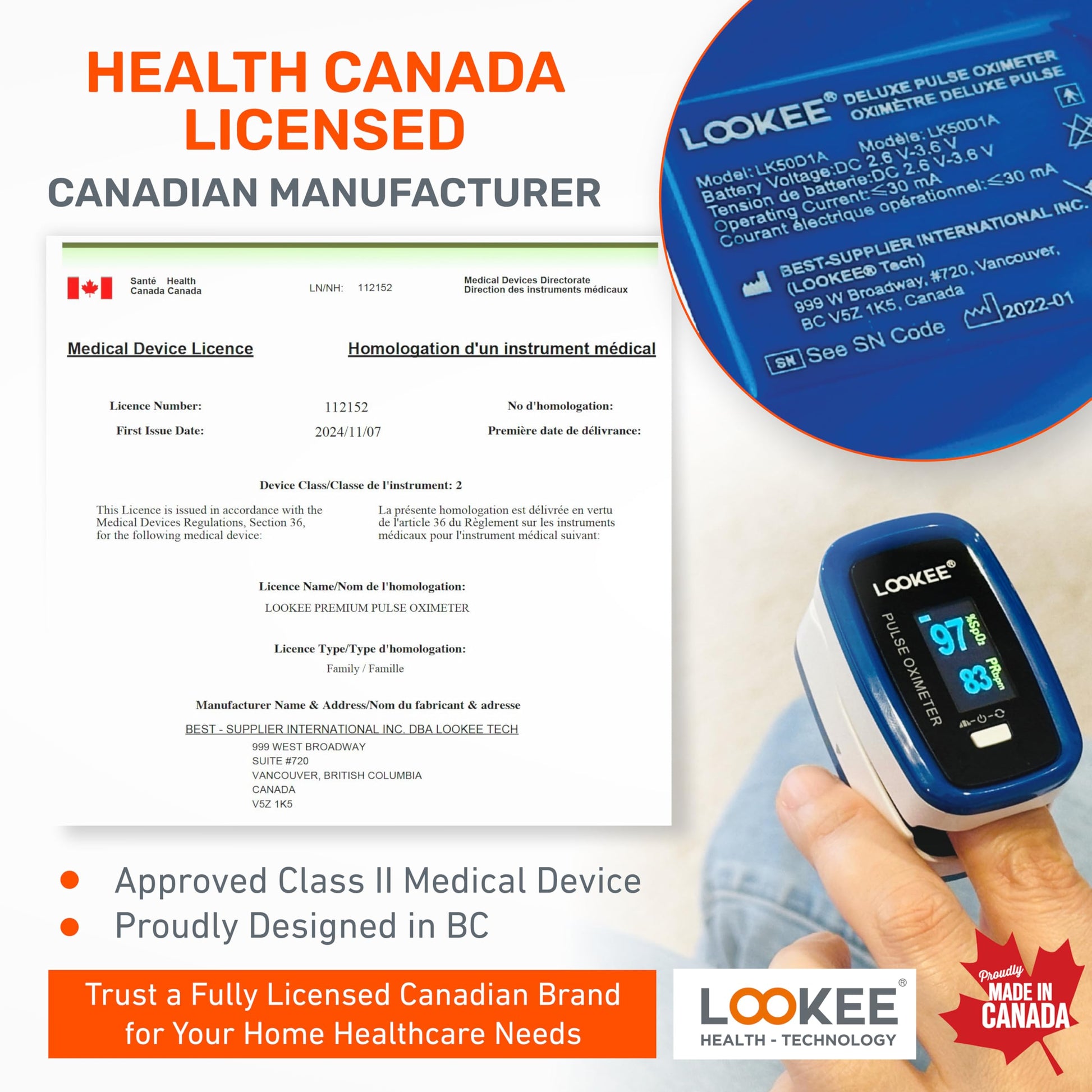 LOOKEE LK50D1 Deluxe Fingertip Pulse Oximeter | Proudly Canadian Finger SpO2 Blood Oxygen Monitor with Auto Rotate OLED Display, Plethysmograph & Pulse Graph | Blue - Available at All In One Marketplace Canada