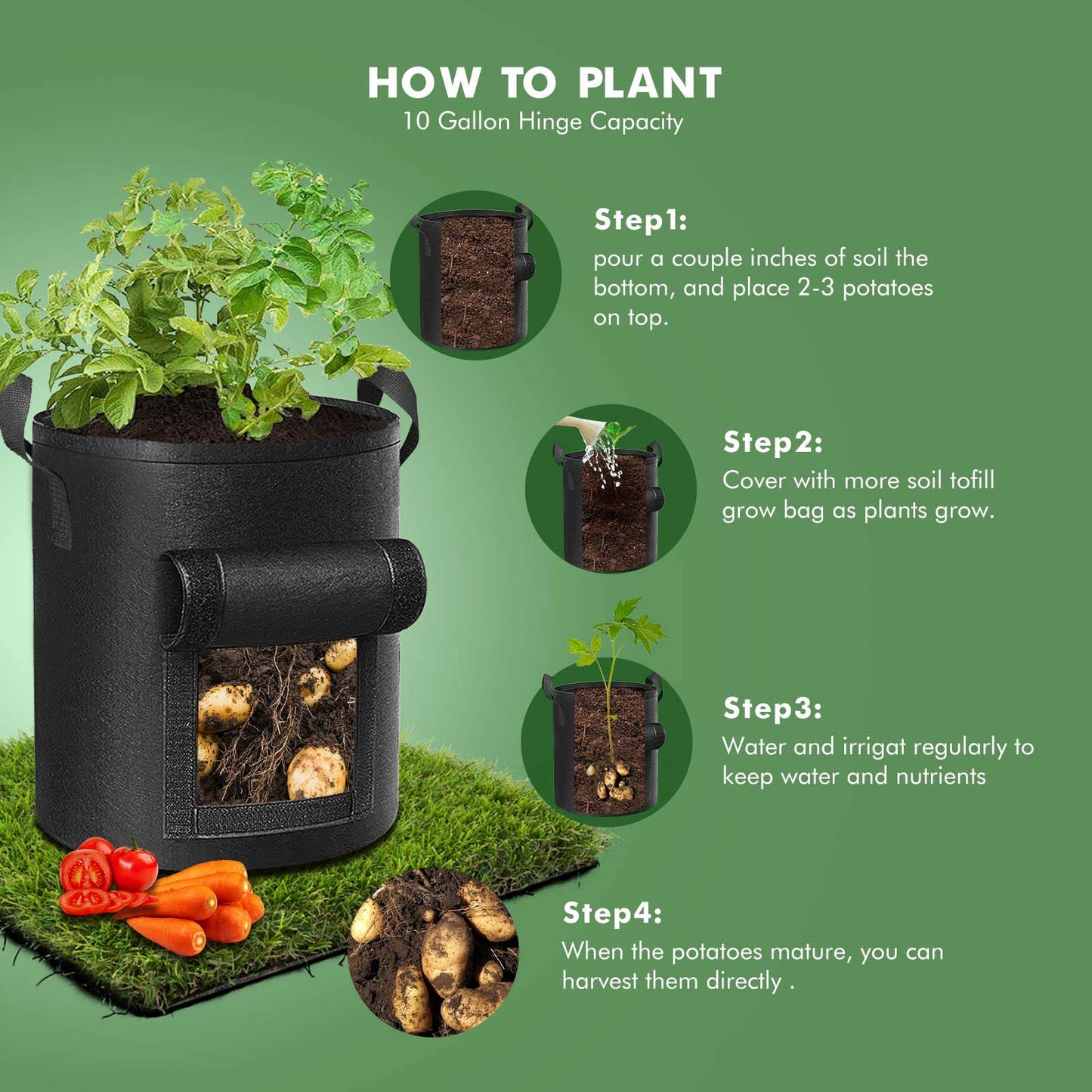 Cavisoo 5-Pack 10 Gallon Potato Grow Bags, Garden Planting Bag with Reinforced Handle, Thickened Nonwoven Fabric Pots for Tomato, Vegetable and Fruits - Available at All In One Marketplace Canada