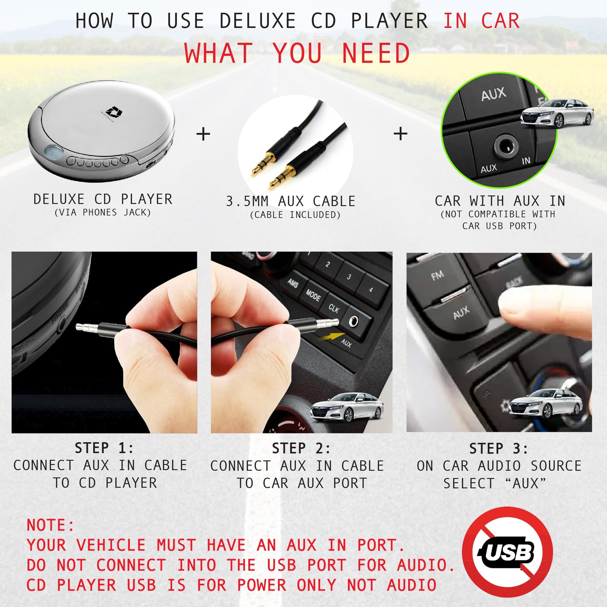 Deluxe Products CD Player Portable with 60 Second Anti Skip, Stereo Earbuds, Includes Aux in Cable and AC USB Power Cable for use at Home or in Car. Silver Deluxe Products