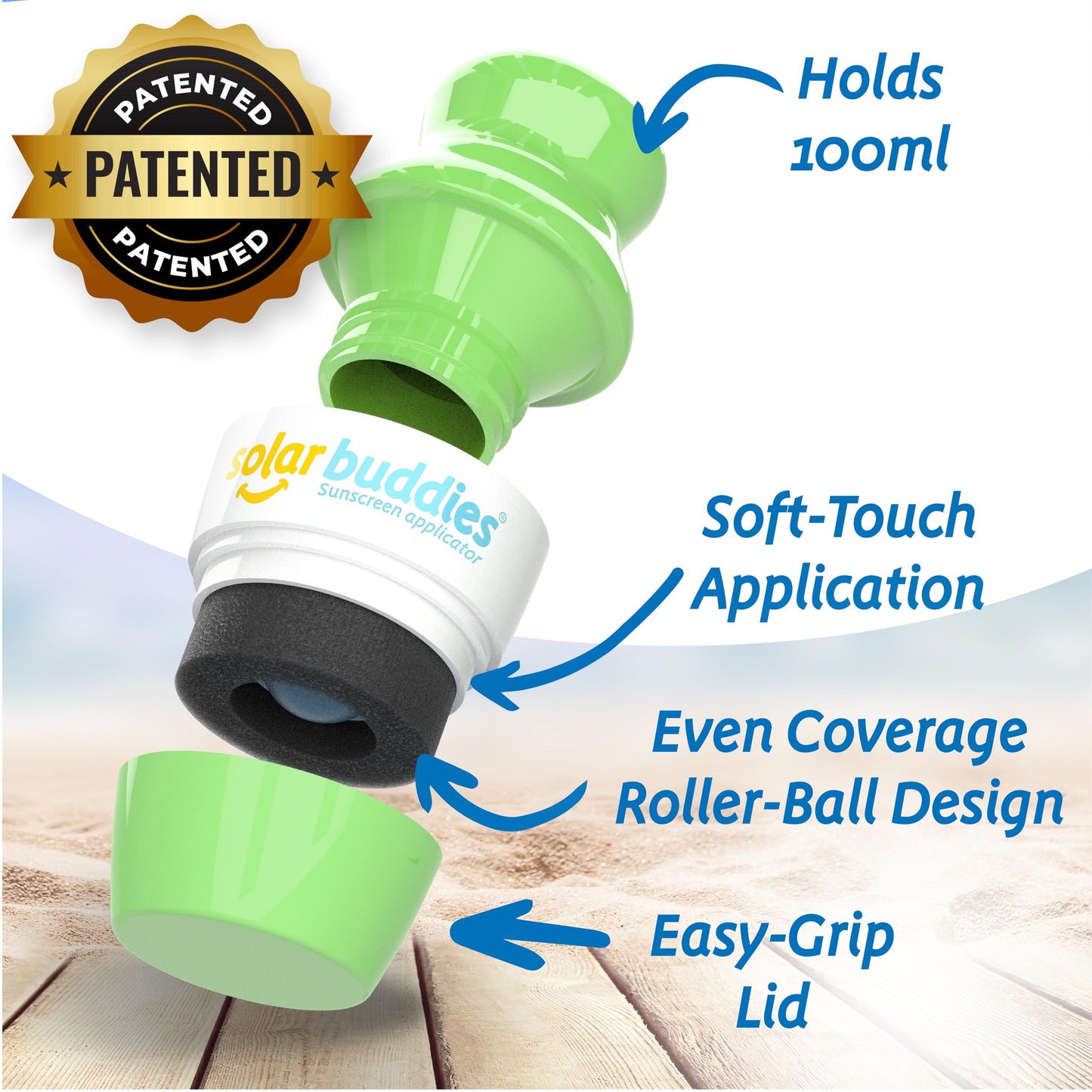 Solar Buddies Sunscreen Applicator - Single Full Green - Refillable Roll on Sponge Sunscreen, Suncream & Lotion Applicator For Kids, Adults & Families - Holds 3.4fl oz, Perfect Size for Travel