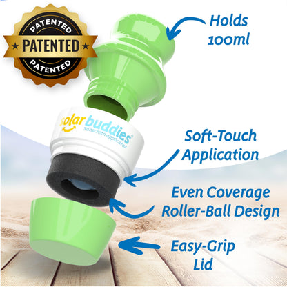 Solar Buddies Sunscreen Applicator - Single Full Green - Refillable Roll on Sponge Sunscreen, Suncream & Lotion Applicator For Kids, Adults & Families - Holds 3.4fl oz, Perfect Size for Travel