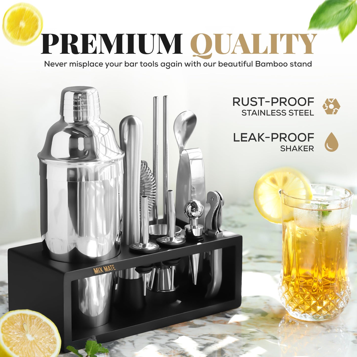 Mixology Bartender Kit with Stand | 15 Piece Bar Tool Set, Silver Bar Set Cocktail Shaker Set for Drink Mixing - Includes Martini Shaker, Jigger, Strainer, Bar Mixer Spoon, Tongs | Gift Idea (Silver) - Available at All In One Marketplace Canada