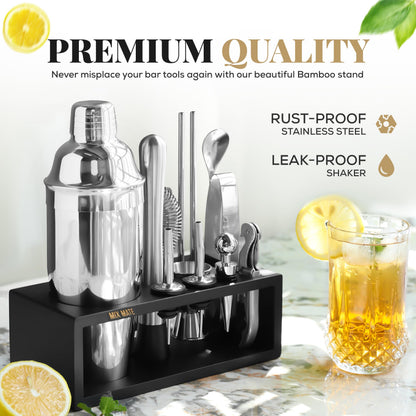 Mixology Bartender Kit with Stand | 15 Piece Bar Tool Set, Silver Bar Set Cocktail Shaker Set for Drink Mixing - Includes Martini Shaker, Jigger, Strainer, Bar Mixer Spoon, Tongs | Gift Idea (Silver) - Available at All In One Marketplace Canada