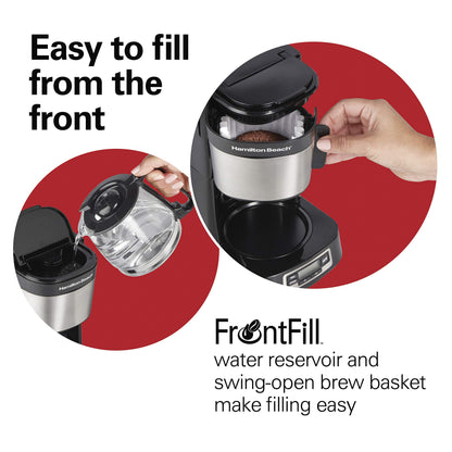 Hamilton Beach 5 Cup Compact Programmable Coffee Maker, FrontFill Water Reservoir, Small Drip Coffee Maker with Glass Carafe, Auto Pause & Pour, Space-Saving Design, Black & Stainless Steel (46111)