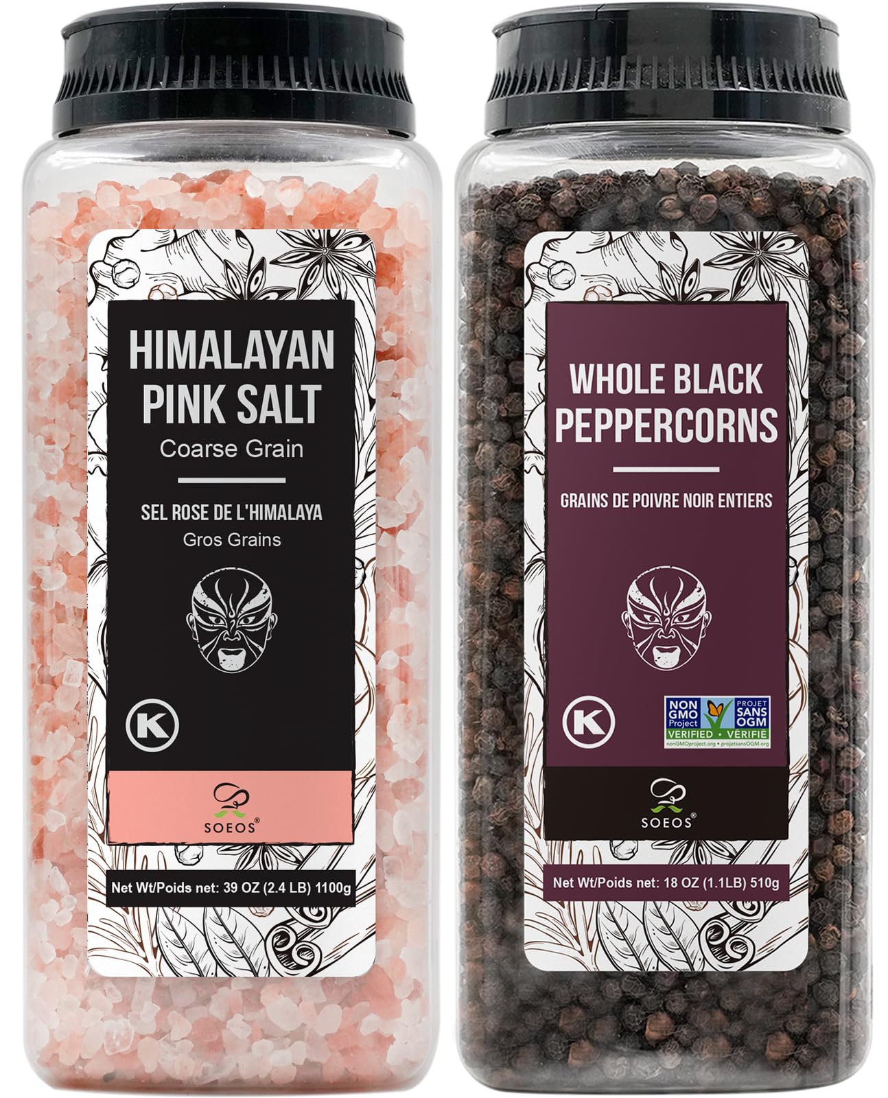 Soeos Himalayan Pink Salt 38.8oz & Whole Black Peppercorns 18oz – Coarse Grain for Grinders, Non-GMO & Kosher