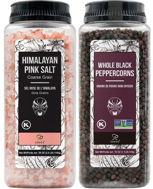 Soeos Himalayan Pink Salt 38.8oz & Whole Black Peppercorns 18oz – Coarse Grain for Grinders, Non-GMO & Kosher