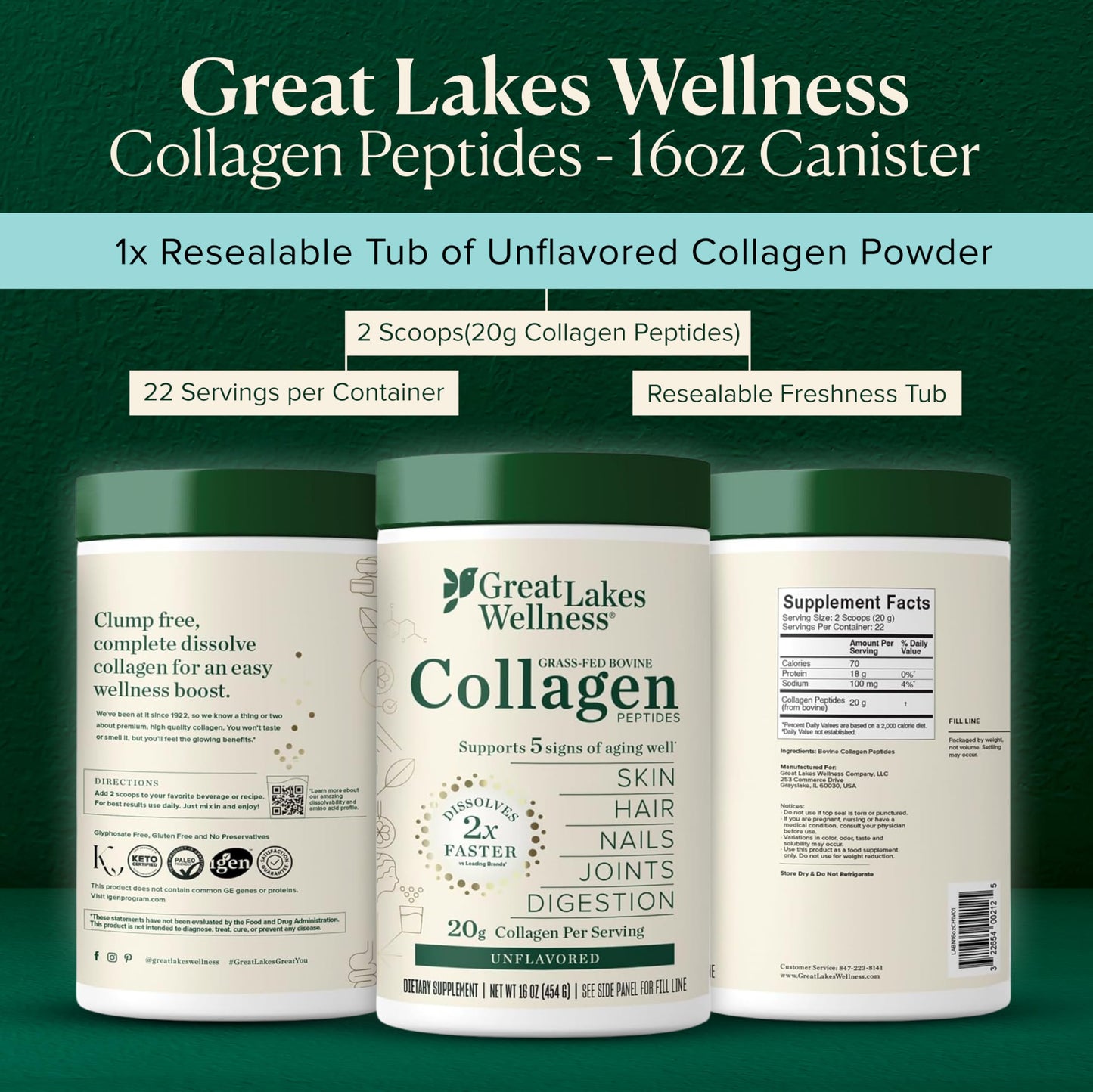 Great Lakes Wellness Grass-Fed Collagen Peptides - Unflavored Hydrolyzed Powder, Non-GMO, Hormone & Antibiotic Free - 454g