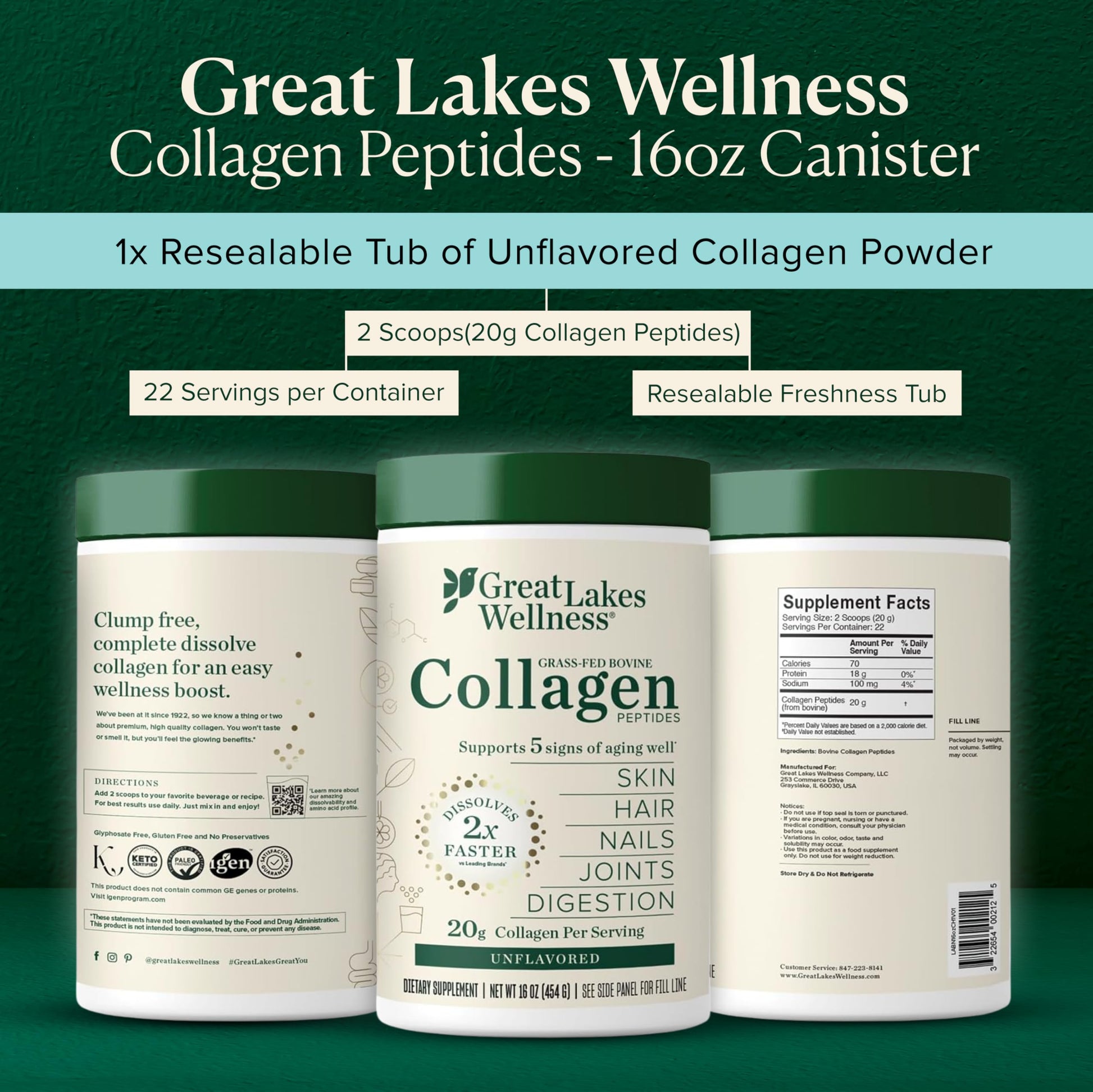 Great Lakes Wellness Grass-Fed Collagen Peptides - Unflavored Hydrolyzed Powder, Non-GMO, Hormone & Antibiotic Free - 454g
