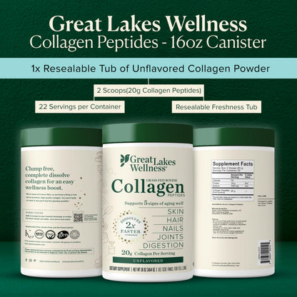 Great Lakes Wellness Grass-Fed Collagen Peptides - Unflavored Hydrolyzed Powder, Non-GMO, Hormone & Antibiotic Free - 454g
