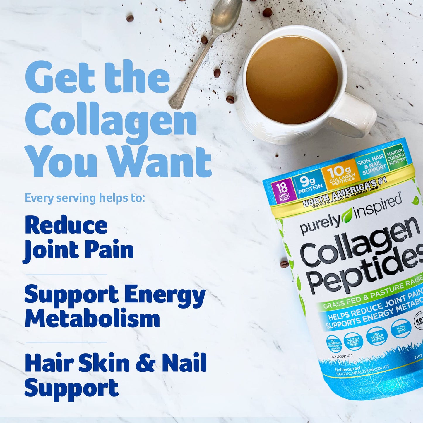 Purely Inspired Collagen Peptides Powder for Women & Men (Unflavoured) - Paleo & Keto-Friendly Supplement for Healthy Skin & Hair - Grass-Fed & Pasture Raised - 282g, 28 Servings (Pack of 1) - Available at All In One Marketplace Canada