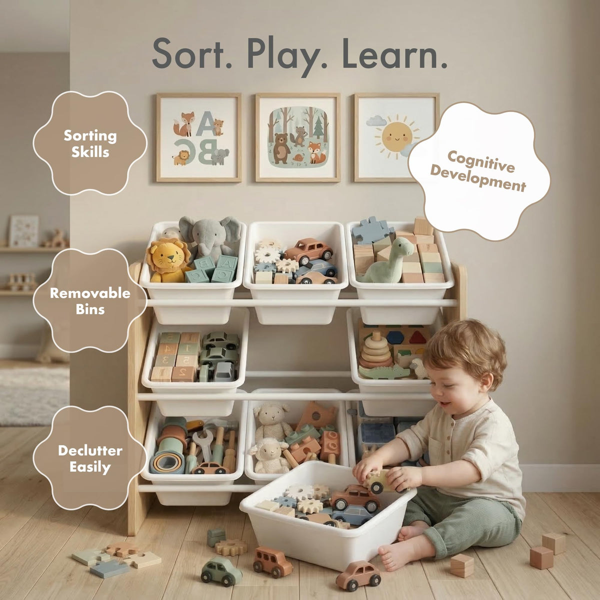 Humble Crew 9-Bin Toy Organizer – Journey Natural Wood with White Plastic Bins, 3-Tier Storage Solution for Kids' Playrooms and Nurseries