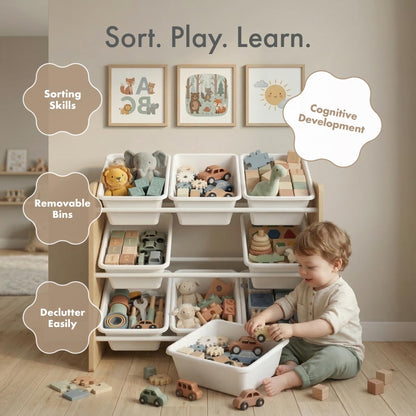 Humble Crew 9-Bin Toy Organizer – Journey Natural Wood with White Plastic Bins, 3-Tier Storage Solution for Kids' Playrooms and Nurseries