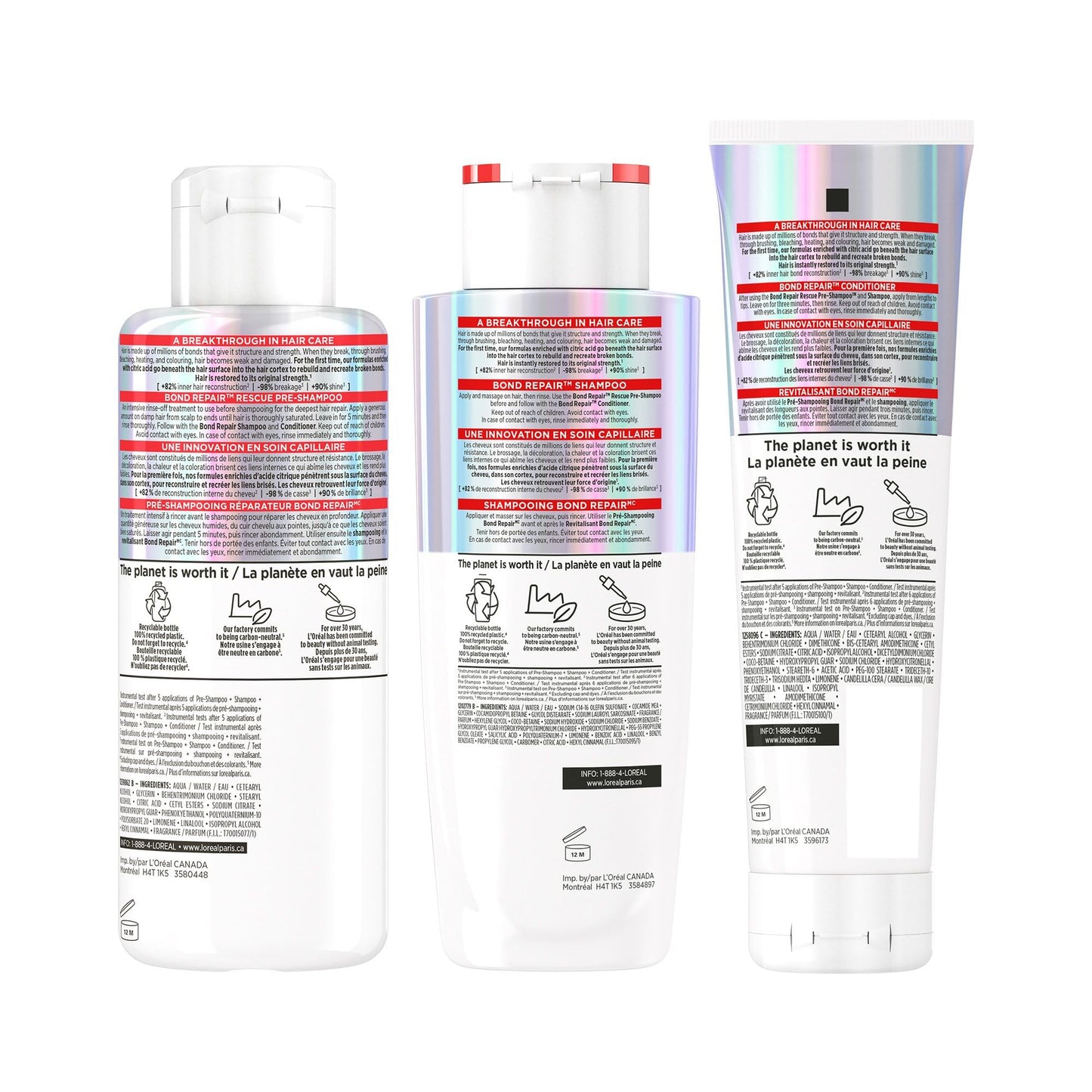 L'Oréal Paris Hair Expertise Bond Repair Shampoo and Conditioner Set with Hair Treatment, Citric Acid for Hair Breakage, 3x Pieces (Pre-Shampoo, Shampoo, Conditioner) - Available at All In One Marketplace Canada