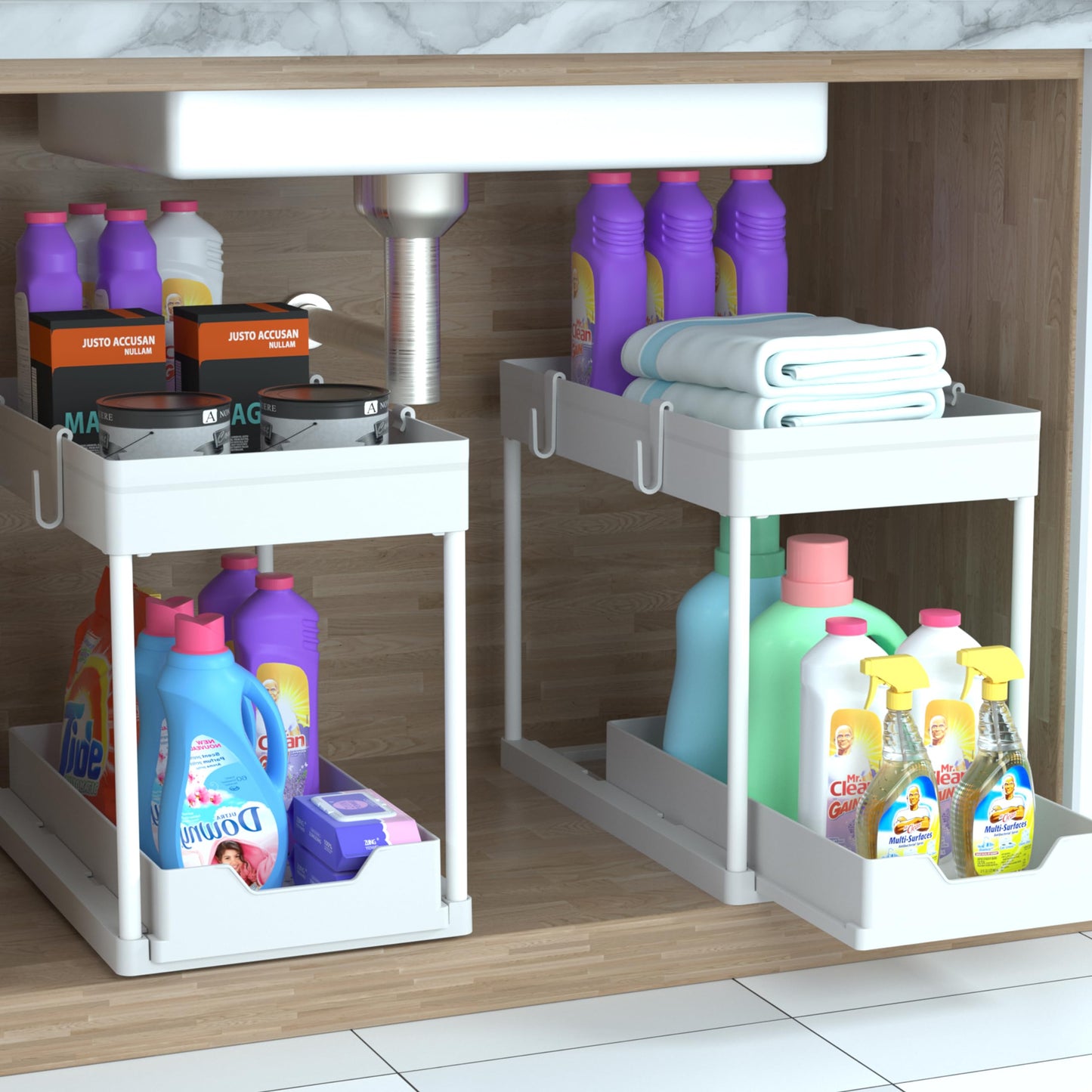 DEKAVA Under Sink Organizer 2 Pack, Bathroom Organizes, 2 Tier Sliding Cabinet Basket Organizer Drawer, Multi-Purpose Bath Collection Baskets for Bathroom (White)