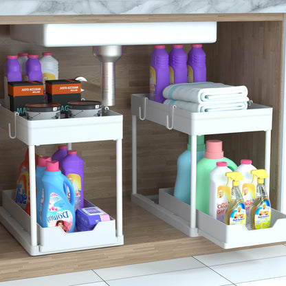 DEKAVA Under Sink Organizer 2 Pack, Bathroom Organizes, 2 Tier Sliding Cabinet Basket Organizer Drawer, Multi-Purpose Bath Collection Baskets for Bathroom (White)