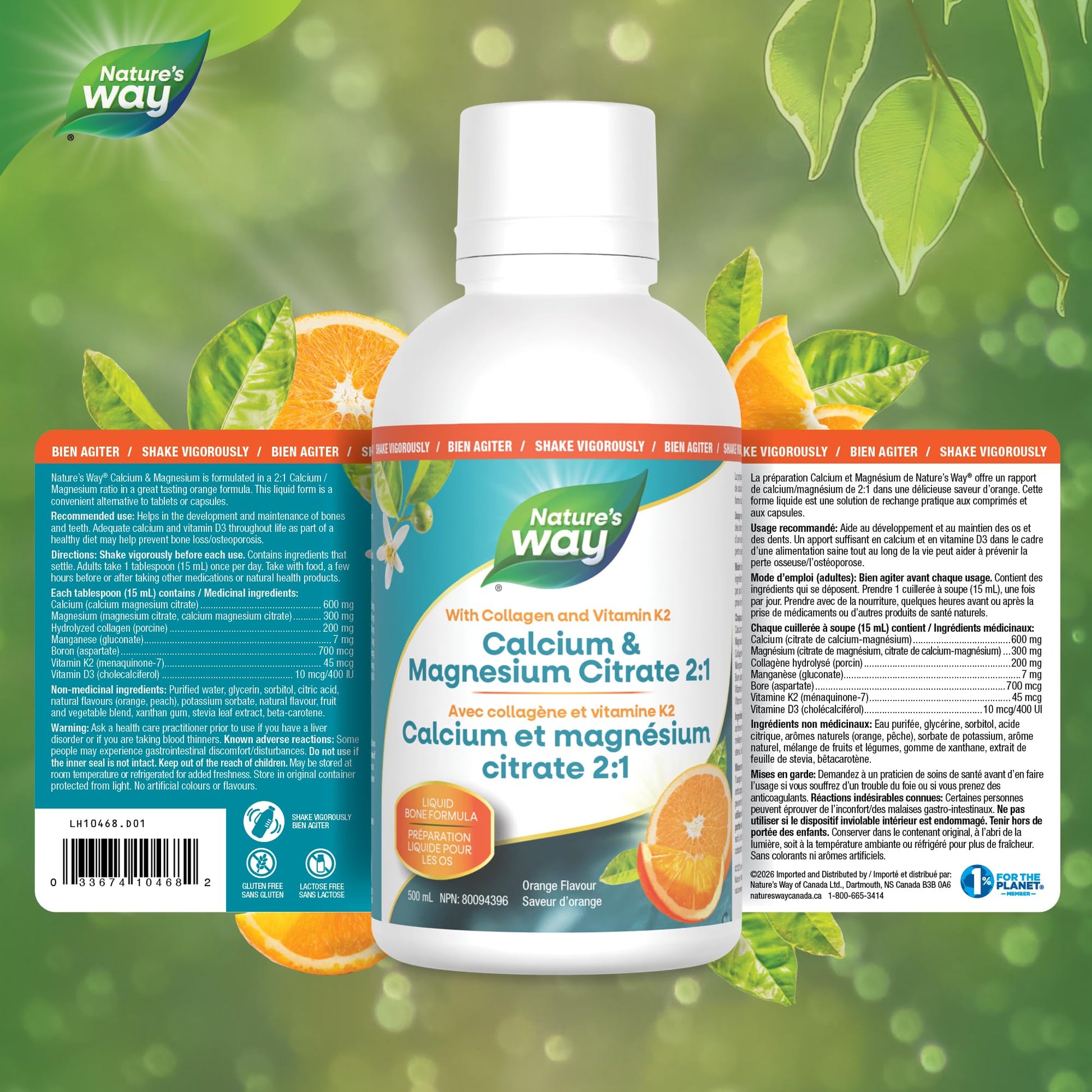 Nature's Way Calcium and Magnesium Citrate 2:1 - Liquid Supplement with Vitamin D3, Vitamin K2 and Collagen – Helps Support the Maintenance of Bones and Teeth – Orange Flavour, 500 mL Nature's Way