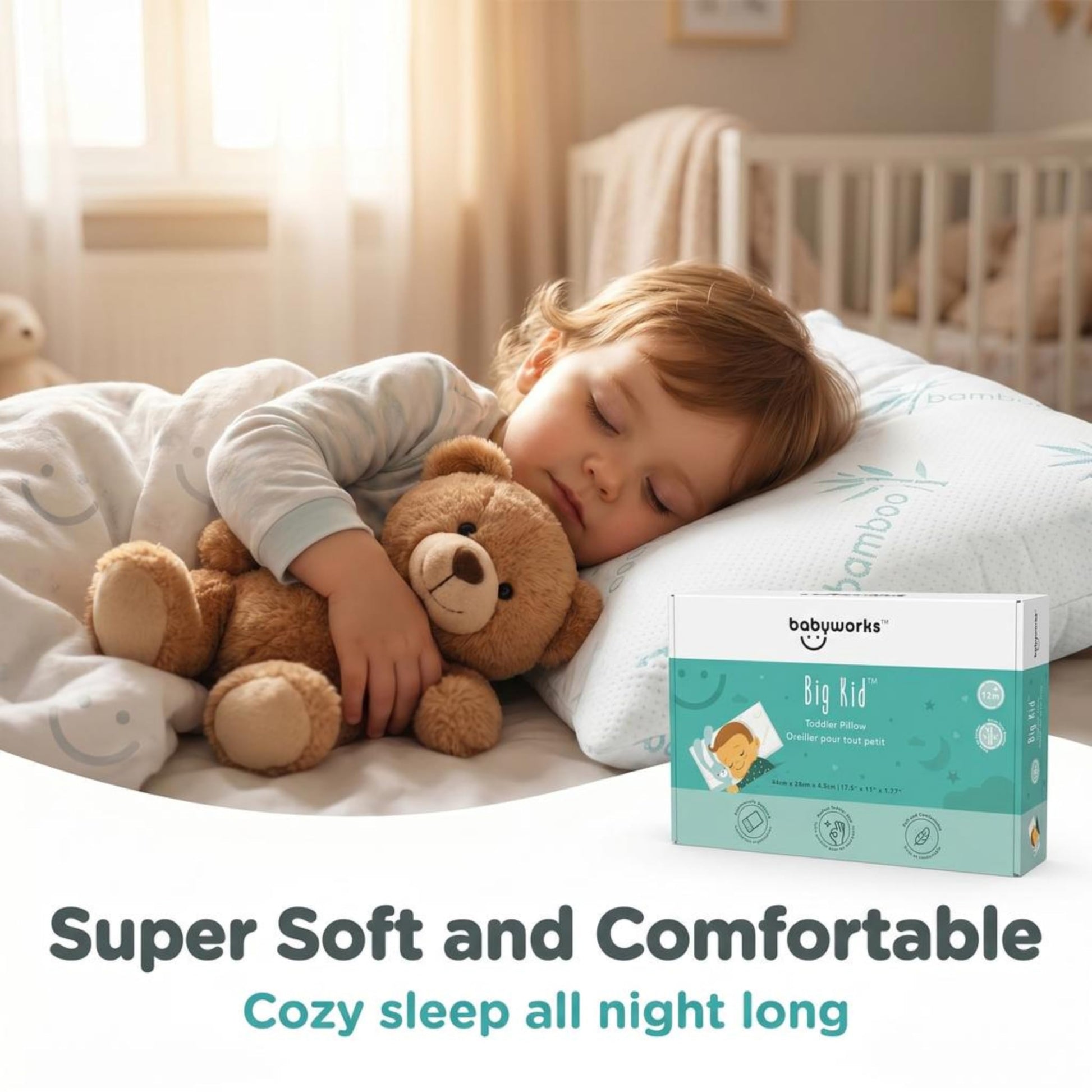 Baby Works Toddler Pillow - Soft, Supportive and Breathable Memory Foam with Hypoallergenic Bamboo Cover, Chiropractor Recommended, Washable and Removable Cover, Perfect for Cribs, Ages 12m+
