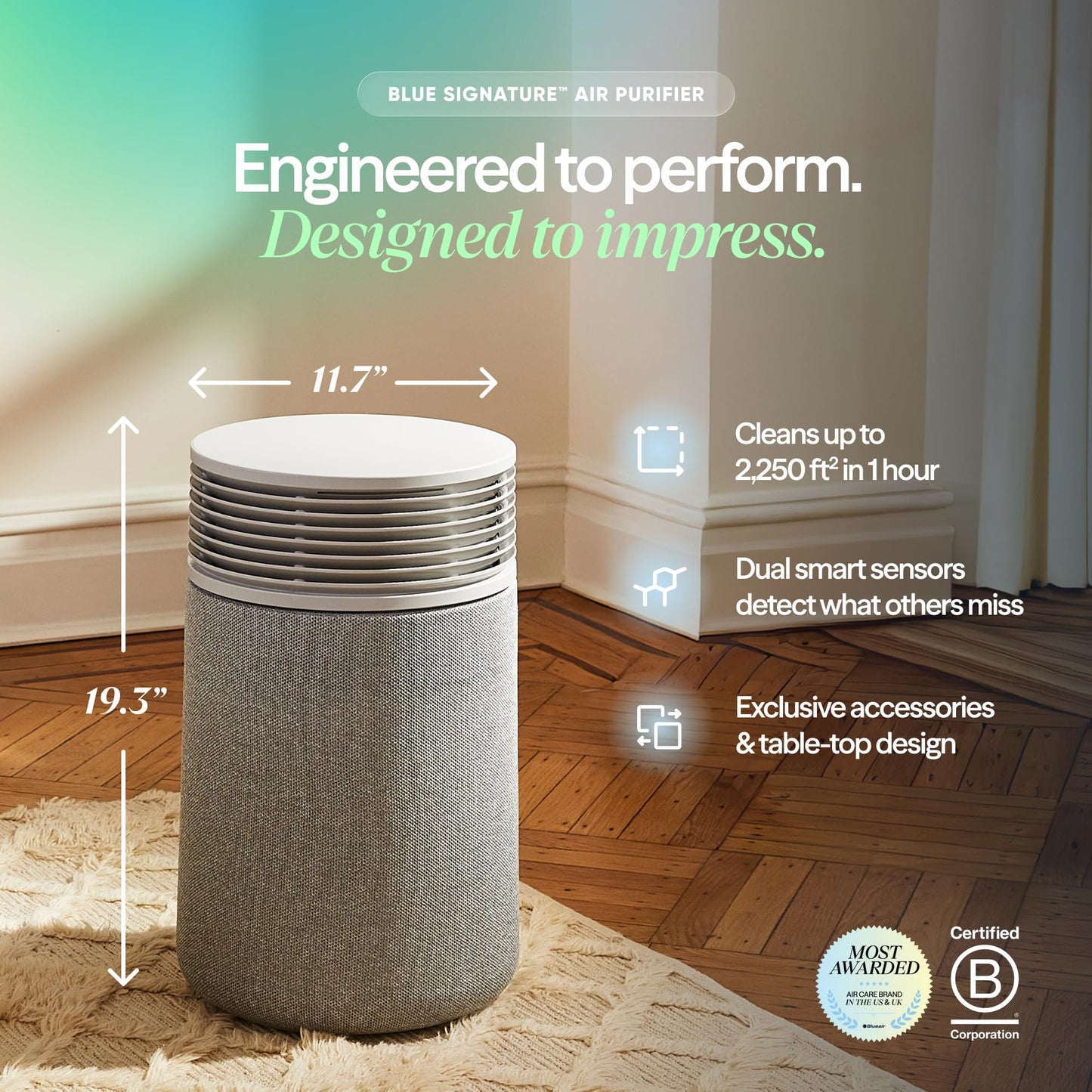 BLUEAIR Blue Signature SP3i Air Purifier for Medium Rooms up to 2,250 sq ft, HEPASilent Filtration, WiFi Smart Control, Auto Mode, Odor & Smoke Removal, Pet Hair & Dust, AHAM Verified, Table Design BLUEAIR