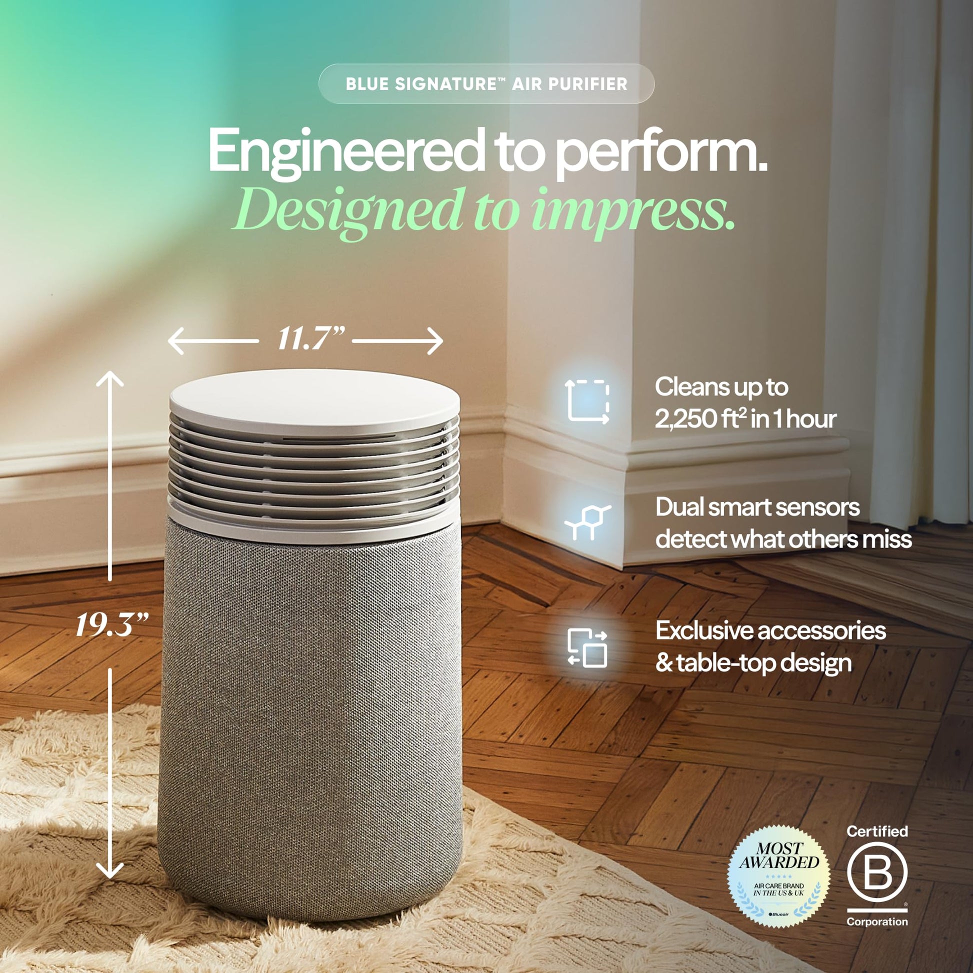 BLUEAIR Blue Signature SP3i Air Purifier for Medium Rooms up to 2,250 sq ft, HEPASilent Filtration, WiFi Smart Control, Auto Mode, Odor & Smoke Removal, Pet Hair & Dust, AHAM Verified, Table Design BLUEAIR