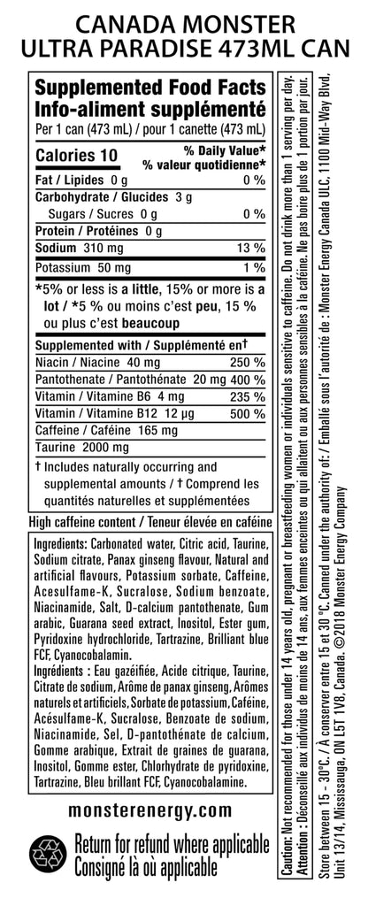 MONSTER ENERGY, Ultra Paradise, 473 mL Cans (12 Pack) – Zero Sugar Energy Drink