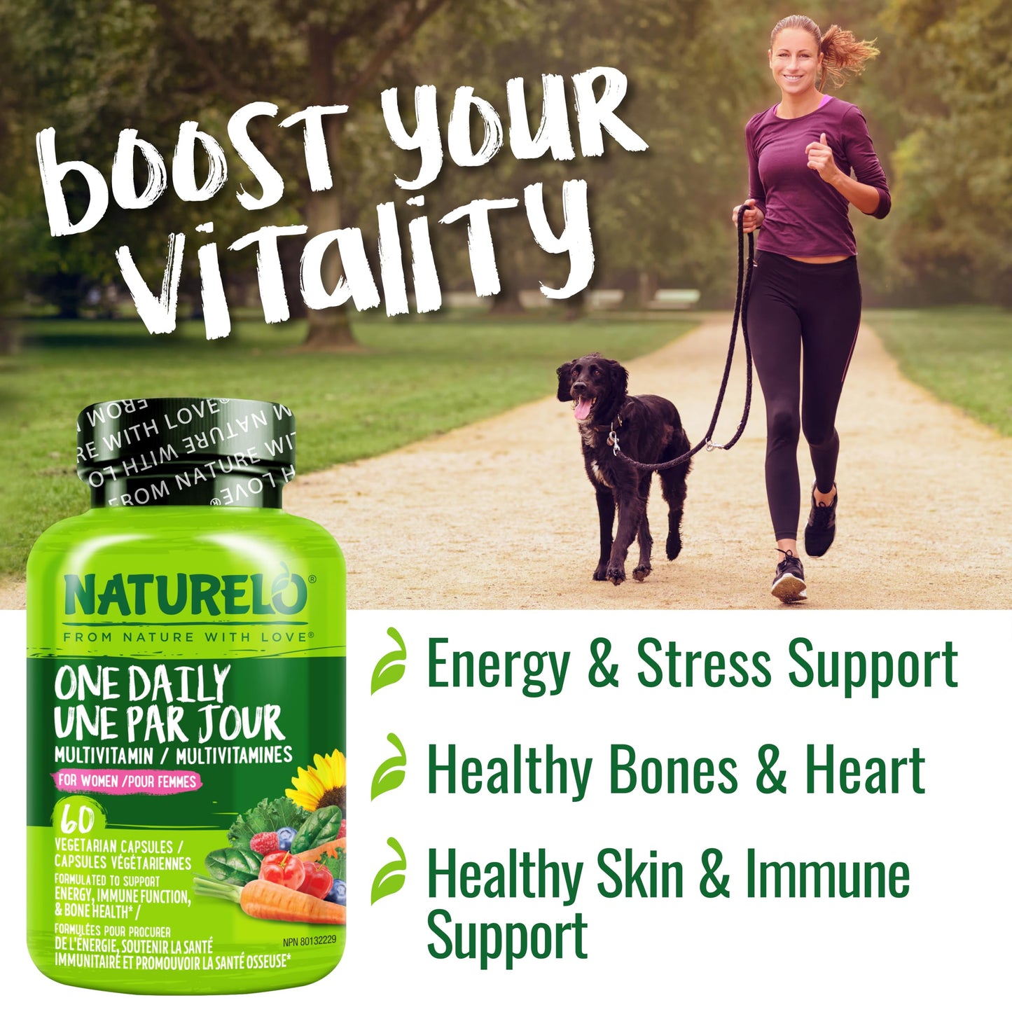 NATURELO One Daily Multivitamin for Women w/Vitamin B12, 60 Ct, Energy Support, Whole Food Daily Women Multivitamin Supplement, Nourish Hair/Skin/Nail, Non-GMO, No Soy, Gluten Free, 2 Month Supply - Available at All In One Marketplace Canada