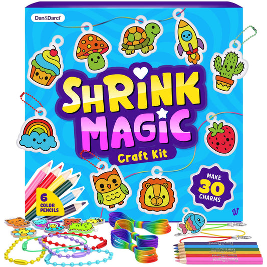 Dan&Darci Shrink Art Craft Kit for Girls and Boys Ages 6-12 - Shrink Magic Charm Making Kit with 30 Pre-Cut Shrink Plastic Templates - Kids Craft Birthday Gift for 7 8 9 10 Year Olds - Available at All In One Marketplace Canada