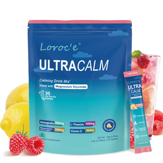 Lorocé UltraCalm calming drink mix packaging with ingredients and a glass of juice on a white background