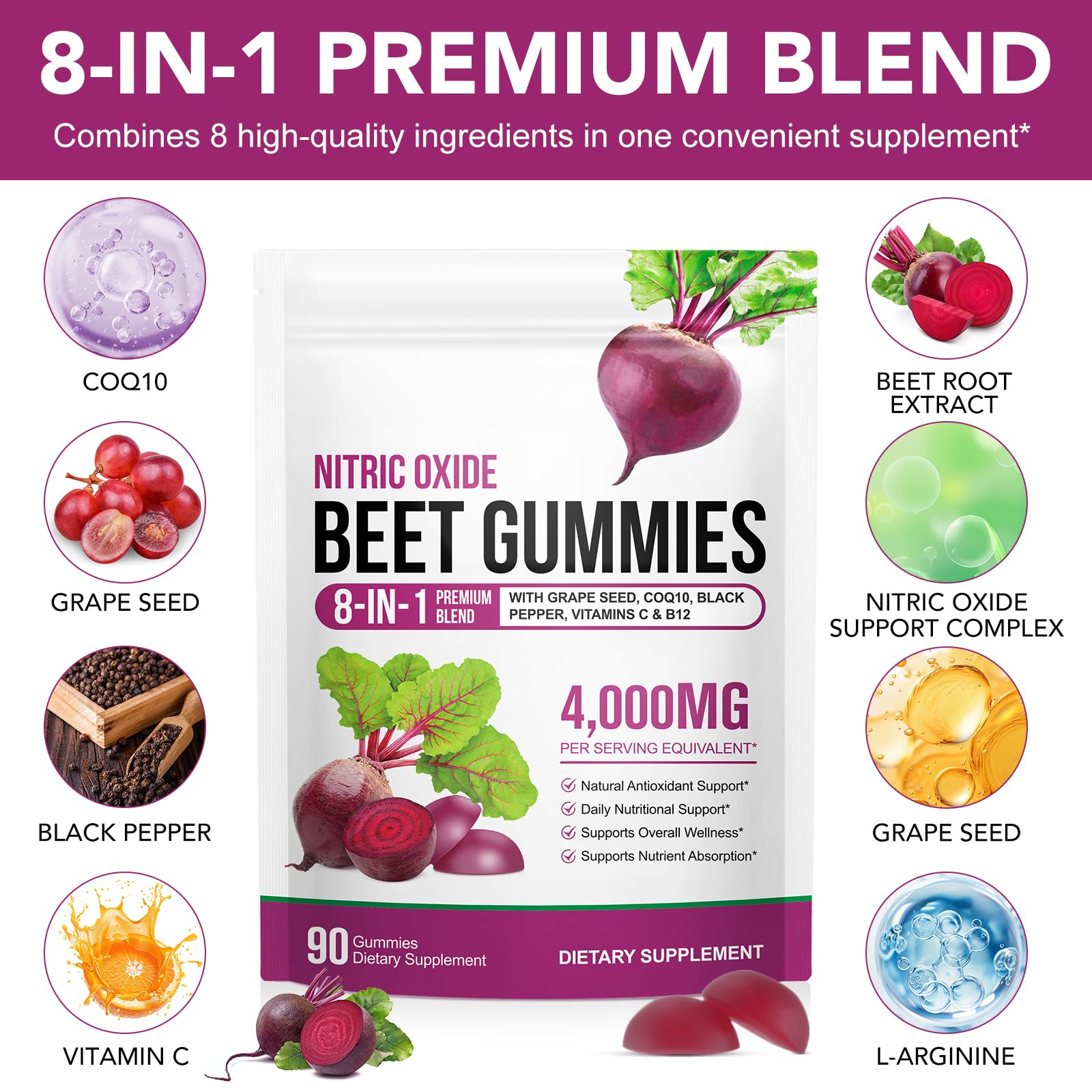 Beetroot Gummies, 90 Count - Non-GMO Beet Root Supplement for Healthy Circulation & Energy - Natural Vegan Fruit Flavor - Available at All In One Marketplace Canada