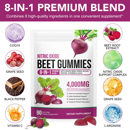 Beetroot Gummies, 90 Count - Non-GMO Beet Root Supplement for Healthy Circulation & Energy - Natural Vegan Fruit Flavor - Available at All In One Marketplace Canada