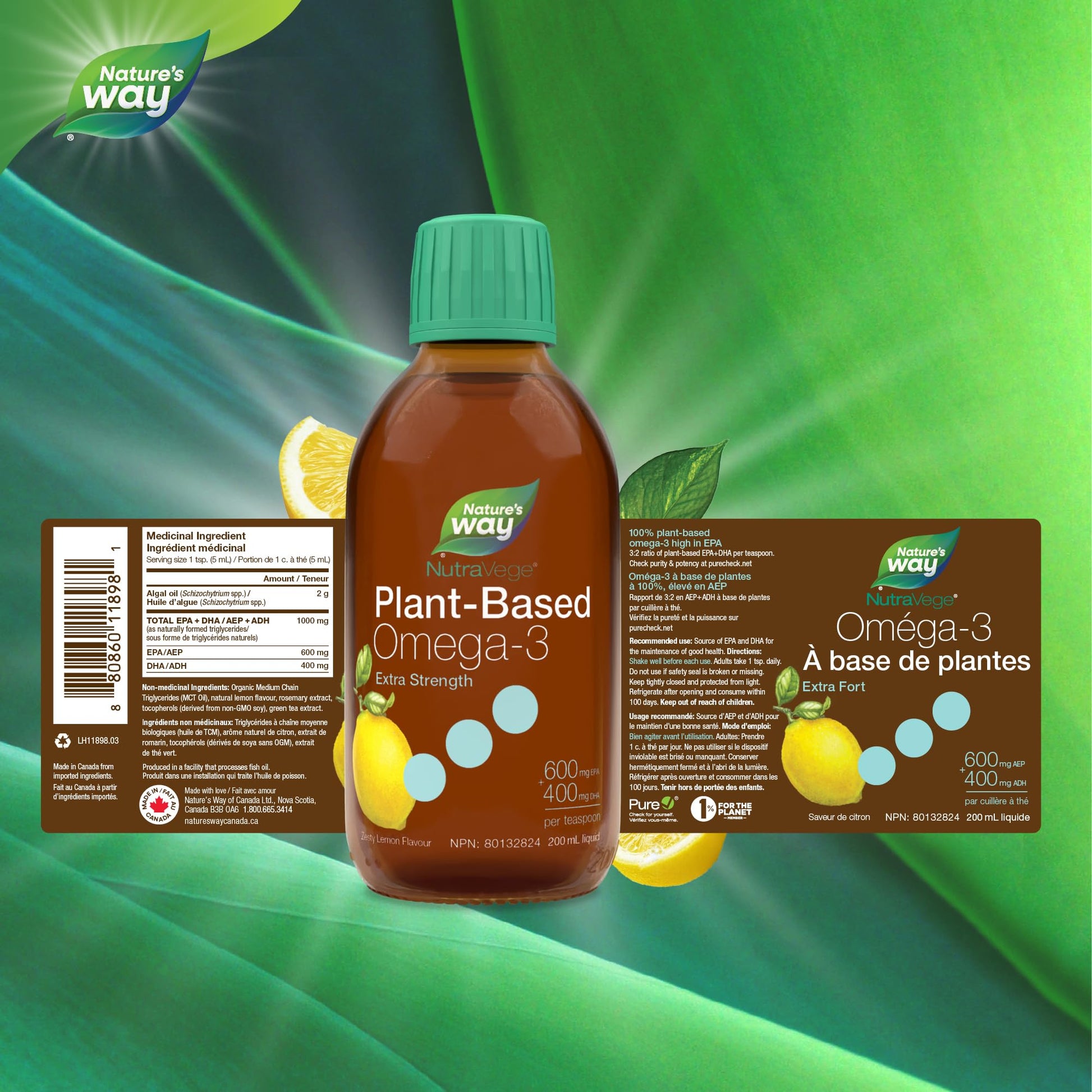 Nature's Way NutraVege Plant-based Omega 3 Supplement, Extra Strength Formula, Vegetarian, EPA + DHA from Algal Oil, Vegan, Lemon Flavour, 200 mL Liquid Nature's Way