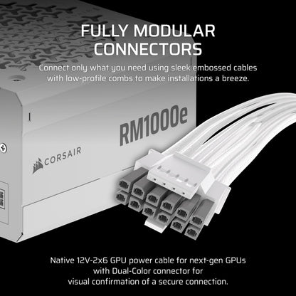 CORSAIR RM1000e (2025) Fully Modular Low-Noise ATX Power Supply with 12V-2x6 Cable – ATX 3.1 & PCIe 5.1 Compliant, Cybenetics Gold Efficiency, 105°C-Rated Capacitors, Modern Standby Mode – White 🍁 All In One Marketplace Canada