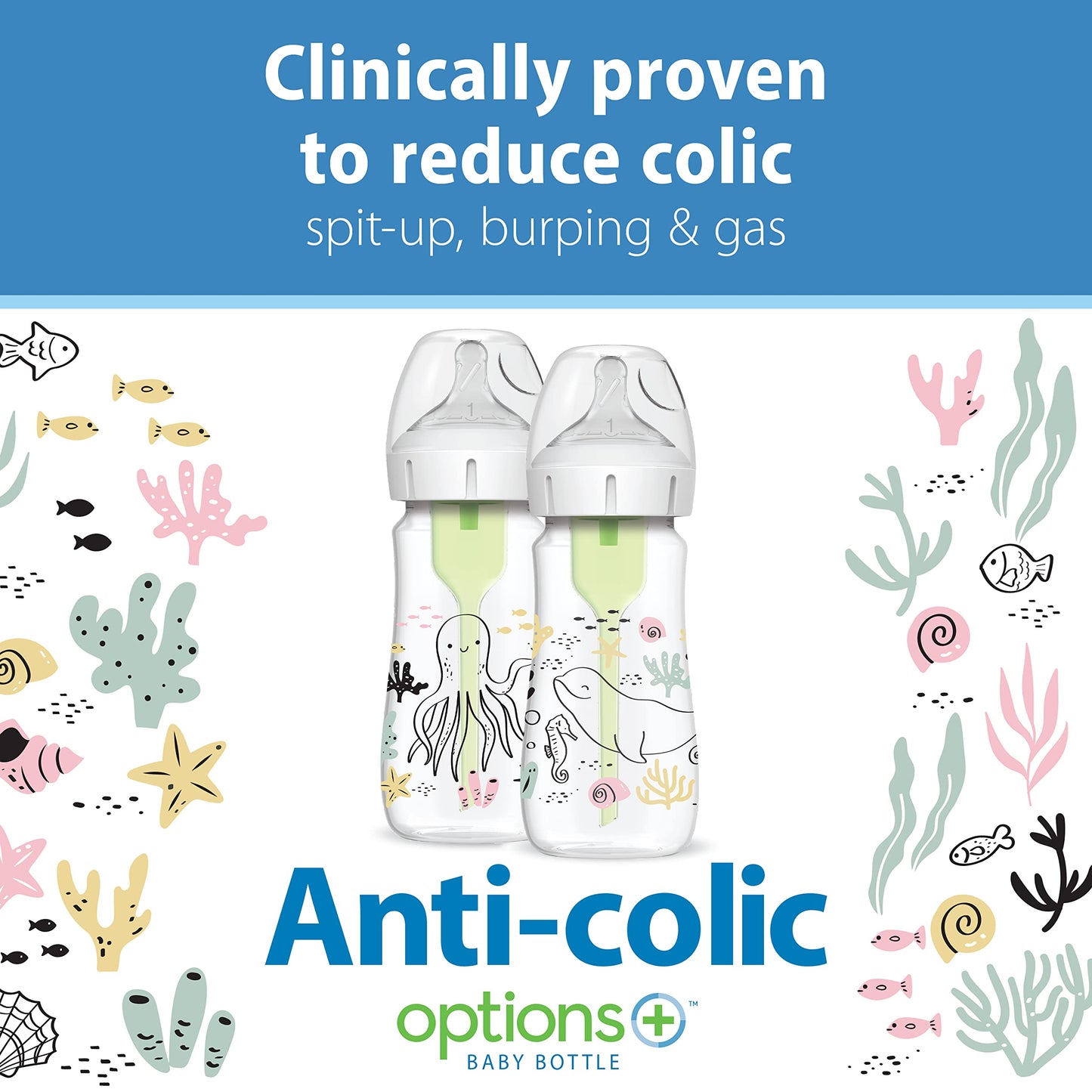 Dr. Brown’s Natural Flow Anti-Colic Options+ Wide-Neck Baby Bottle Designer Edition Bottles, Ocean Decos, 9 oz/270 mL, Level 1 Nipple, 2-Pack, 0m+ 🍁 All In One Marketplace Canada