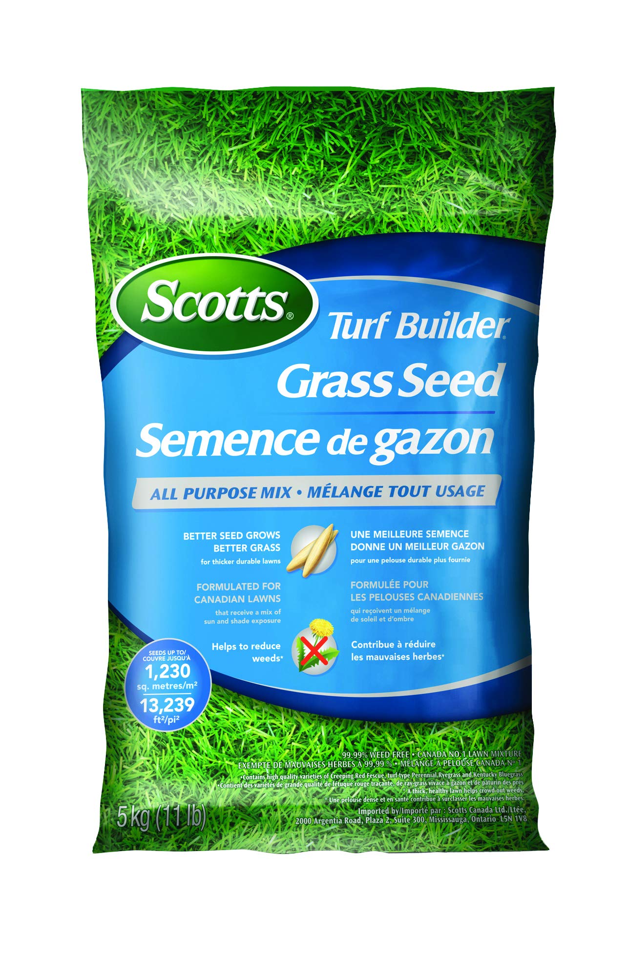 Scotts Turf Builder Grass Seed All Purpose Mix, 5kg (1,230 sq Meters / 13,239 sq feet Coverage) | Sun & Shade Formula to overseed or to Grow a new Thick, Lawn 🍁 All In One Marketplace Canada