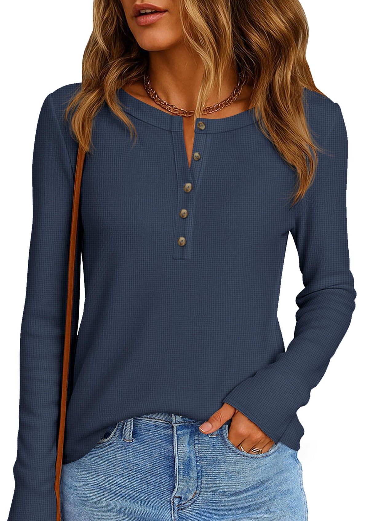 PRETTYGARDEN Women's Long Sleeve Waffle Knit Henley Shirts Navy Blue,M 🍁 All In One Marketplace Canada