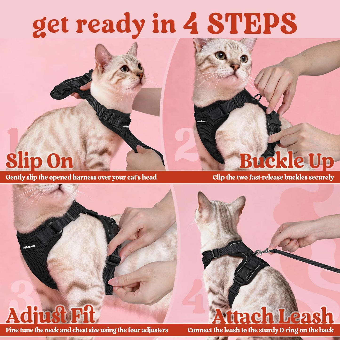 rabbitgoo Cat Harness and Leash for Walking, Escape Proof Soft Adjustable Vest Harnesses for Small Medium Cats, Easy Control Breathable Reflective Strips Jacket, XS, Black