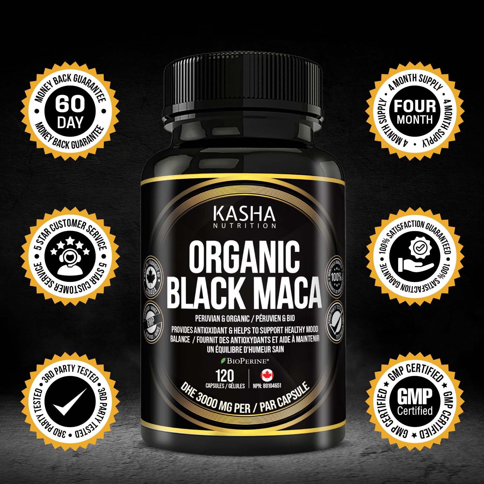 Organic Black Maca for Men & Women DHE 3000mg (Industry Strongest) with 5mg Bioperine per Capsule - Organic Gelatinized Maca for all Genders | 750 mg 4:1 Extract Maca Root / Maca Powder | Proudly Canadian | 4 Month Supply, Non-GMO, Vegan, Gluten Free, Soy - Available at All In One Marketplace Canada
