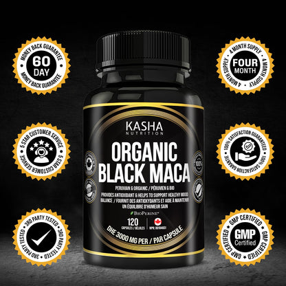 Organic Black Maca for Men & Women DHE 3000mg (Industry Strongest) with 5mg Bioperine per Capsule - Organic Gelatinized Maca for all Genders | 750 mg 4:1 Extract Maca Root / Maca Powder | Proudly Canadian | 4 Month Supply, Non-GMO, Vegan, Gluten Free, Soy - Available at All In One Marketplace Canada