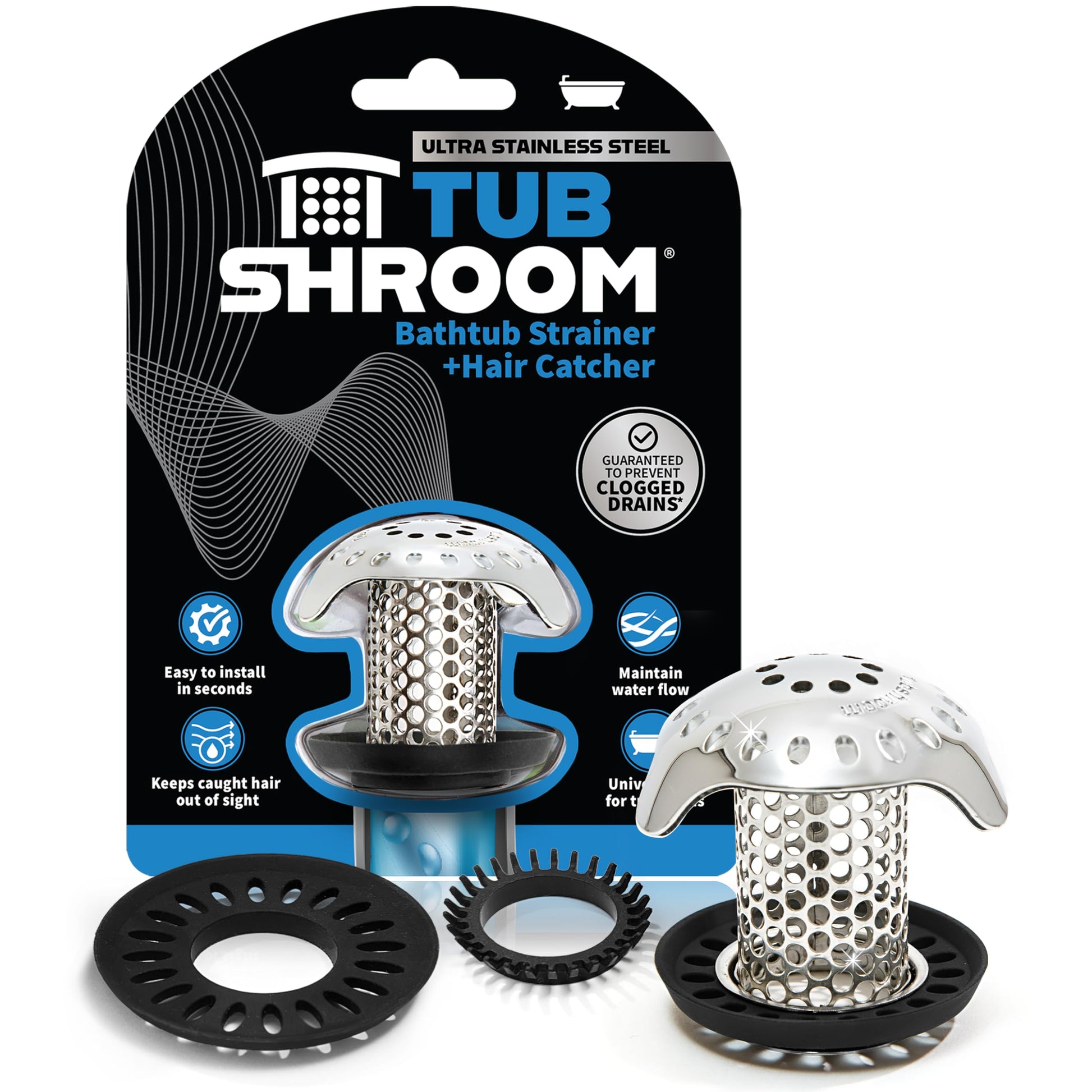 TubShroom Ultra Revolutionary Bath Tub Drain Protector Hair Catcher/Strainer/Snare Stainless Steel, 1-Pack, Silver TubShroom