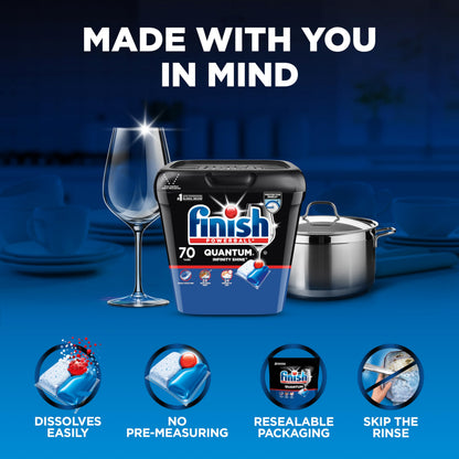 Finish® Quantum® Infinity Shine® Dishwasher Detergent Pods, 3 Chamber Formula with PowerBall, 2X Grease Fighting*, 24H Dried-On Stains, Shine Protection, No Pre-Rinse, 70 Tabs