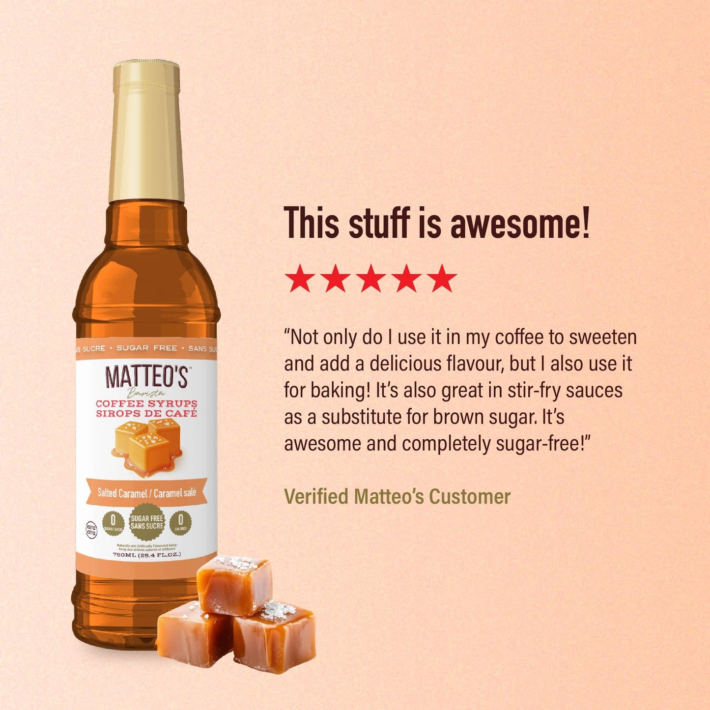 Matteo's Salted Caramel Sugar-Free Coffee Syrup - Barista-Quality Flavoring, Keto-Friendly, 25.4oz (6-Pack)