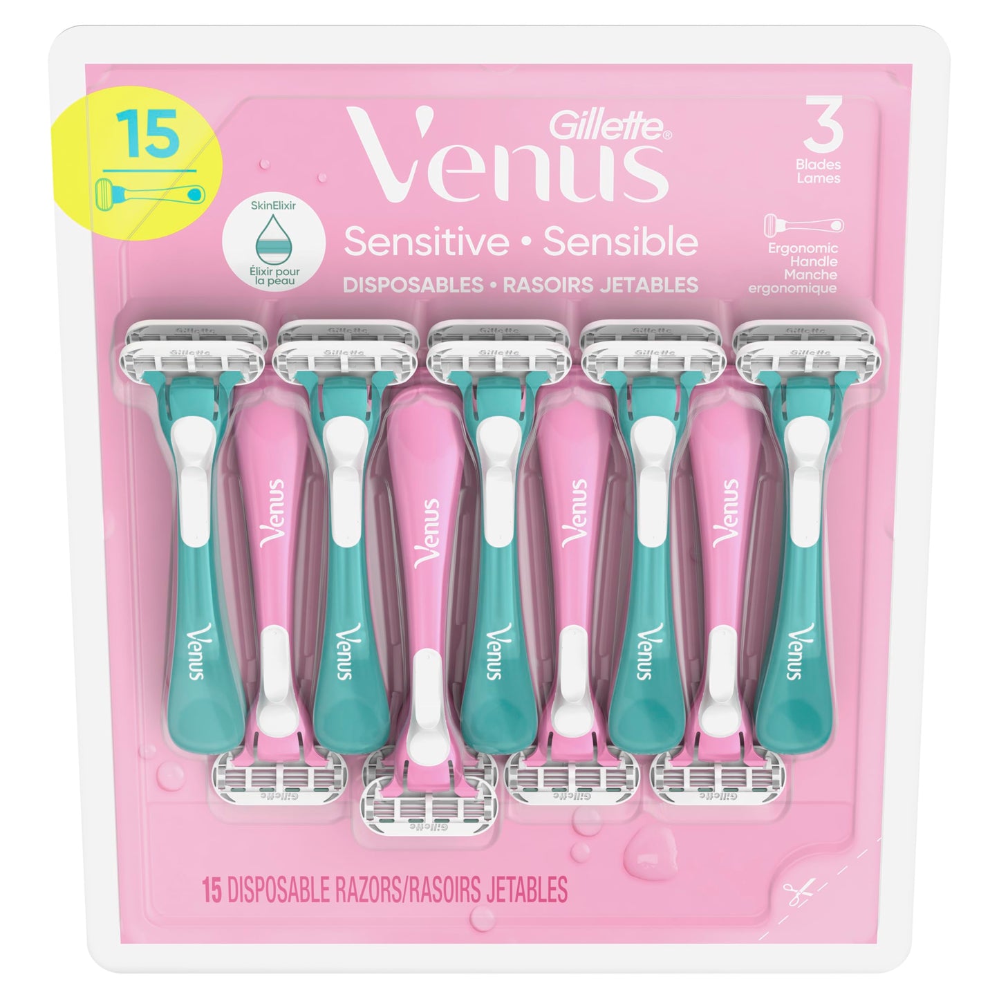 Gillette Venus Sensitive Disposable Razors for Women with Sensitive Skin, Delivers Close Shave with Comfort, 15 Count (Pack of 1) - Available at All In One Marketplace Canada