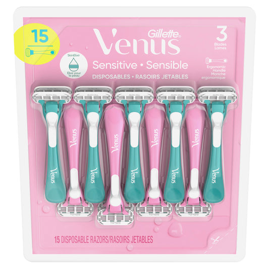 Gillette Venus Sensitive Disposable Razors for Women with Sensitive Skin, Delivers Close Shave with Comfort, 15 Count (Pack of 1) - Available at All In One Marketplace Canada