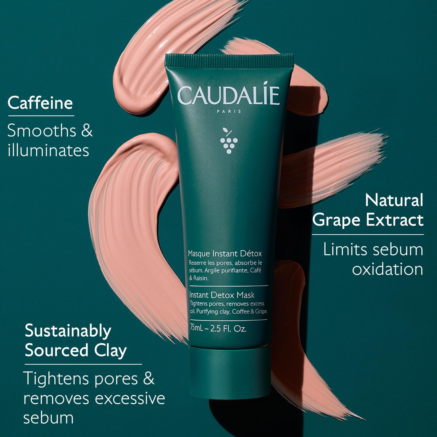 Caudalie Instant Detox Mask 75ml - Cleanse and visibly tighten pores in 10 minutes, with Pink Clay and Caffeine for more Luminous, Clearer-Looking Skin, Fragrance-free and Vegan - Available at All In One Marketplace Canada