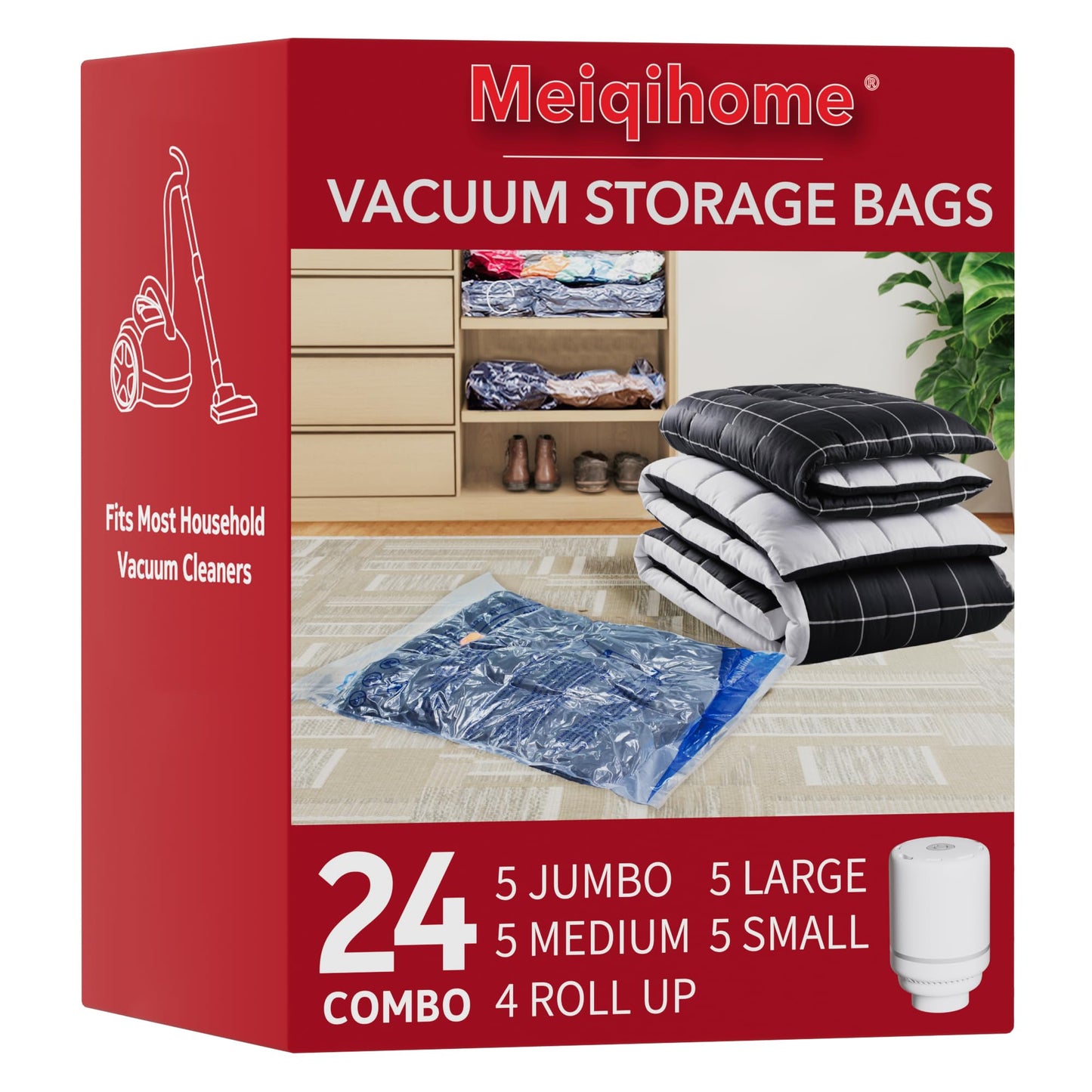 24 Pack Vacuum Storage Bags with Electric Pump (5 Jumbo/5 Large/5 Medium/5 Small/4 Roll), Plastic Packaging Bags,Space Saver Sealer Bags for Clothes, Pillows, Comforters, Blankets, Bedding